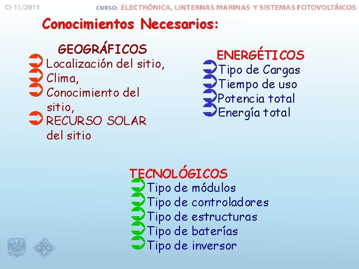 Conocimientos Necesarios: Ü Ü GEOGRÁFICOS Localización del sitio, Clima, Conocimiento del sitio, RECURSO SOLAR