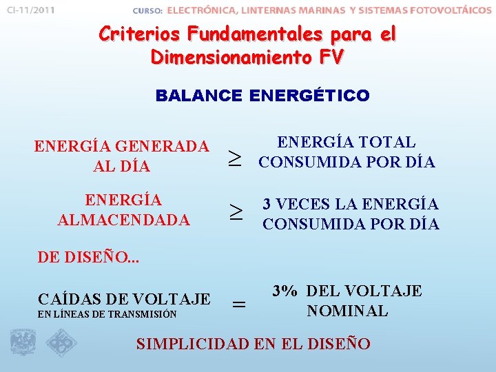 Criterios Fundamentales para el Dimensionamiento FV BALANCE ENERGÉTICO ENERGÍA GENERADA AL DÍA ENERGÍA TOTAL