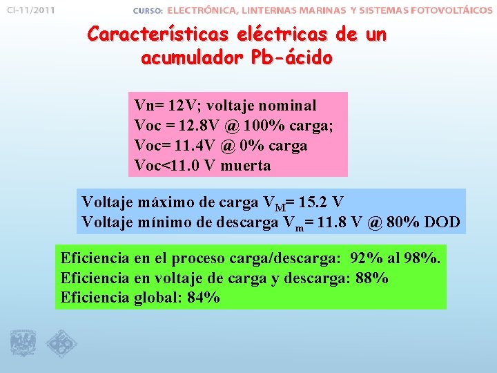 Características eléctricas de un acumulador Pb-ácido Vn= 12 V; voltaje nominal Voc = 12.