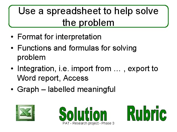 Use a spreadsheet to help solve the problem • Format for interpretation • Functions