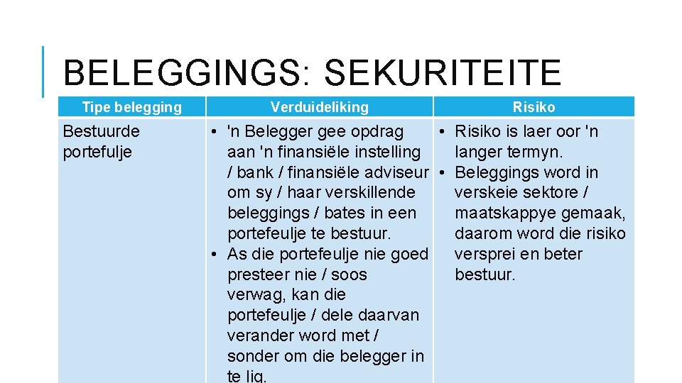 BELEGGINGS: SEKURITEITE Tipe belegging Bestuurde portefulje Verduideliking Risiko • 'n Belegger gee opdrag •