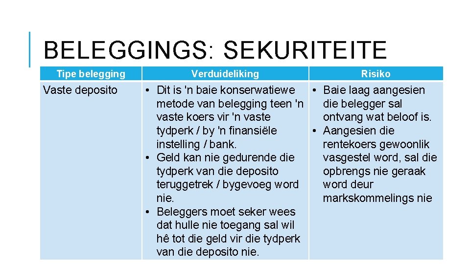 BELEGGINGS: SEKURITEITE Tipe belegging Vaste deposito Verduideliking Risiko • Dit is 'n baie konserwatiewe