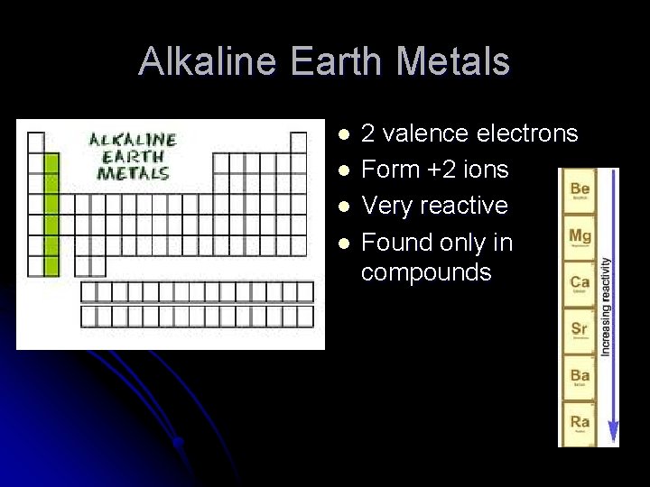 Alkaline Earth Metals l l 2 valence electrons Form +2 ions Very reactive Found