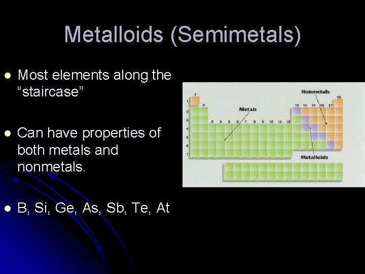 Metalloids (Semimetals) l Most elements along the “staircase” l Can have properties of both