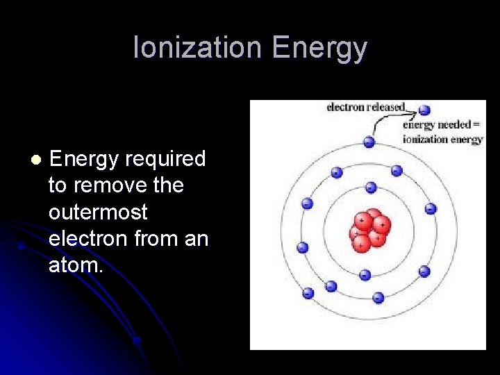 Ionization Energy l Energy required to remove the outermost electron from an atom. 
