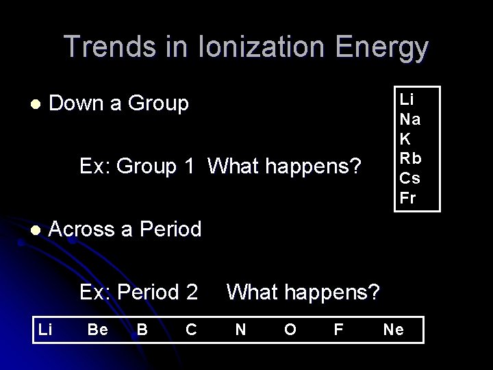 Trends in Ionization Energy l Down a Group Ex: Group 1 What happens? l