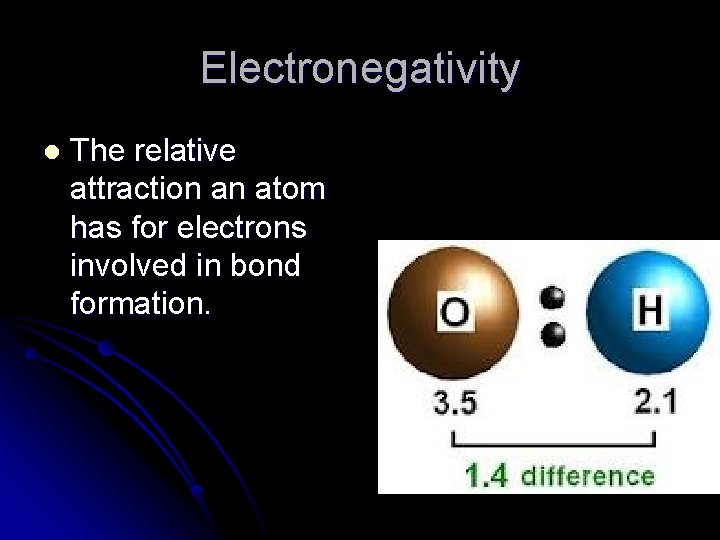 Electronegativity l The relative attraction an atom has for electrons involved in bond formation.