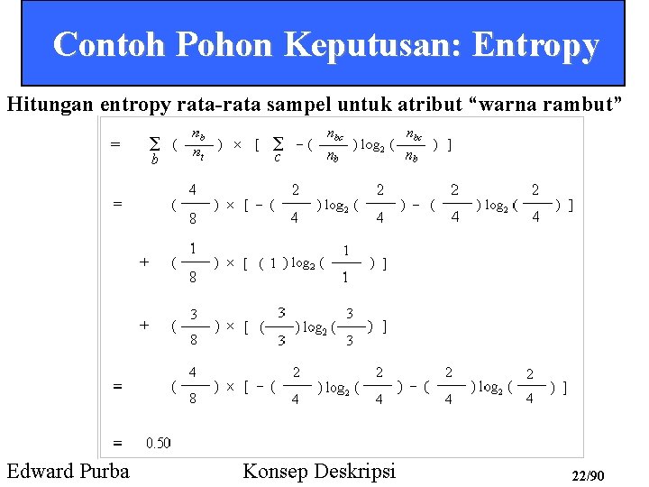 Contoh Pohon Keputusan: Entropy Hitungan entropy rata-rata sampel untuk atribut “warna rambut” Edward Purba