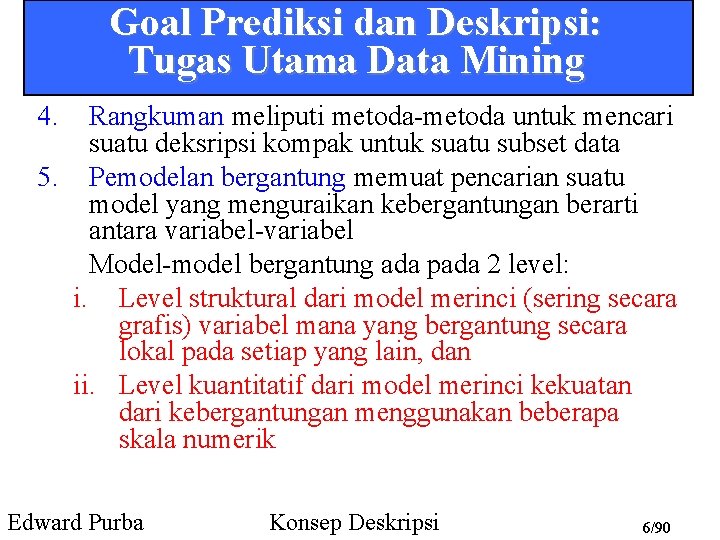 Goal Prediksi dan Deskripsi: Tugas Utama Data Mining 4. Rangkuman meliputi metoda-metoda untuk mencari