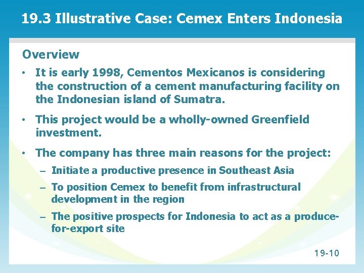 19. 3 Illustrative Case: Cemex Enters Indonesia Overview • It is early 1998, Cementos