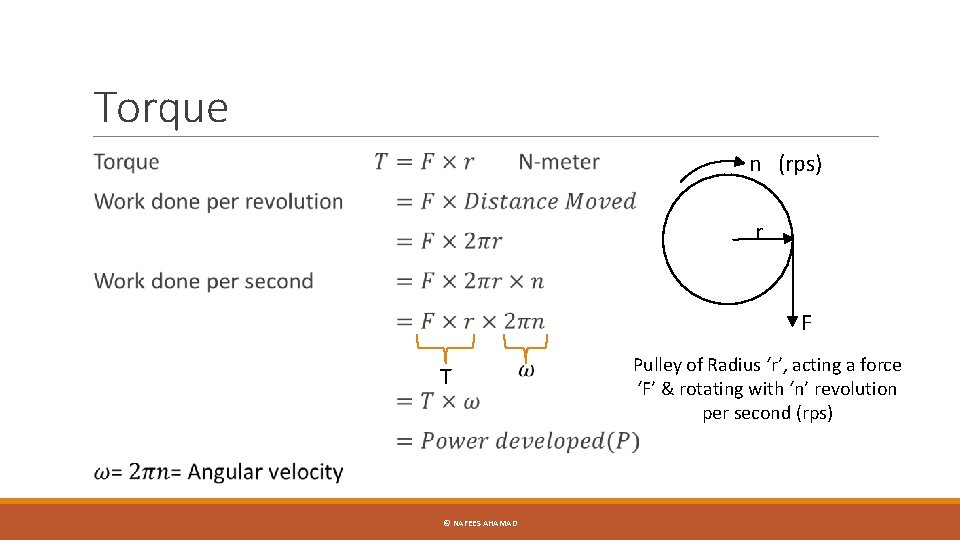 Torque n (rps) r F T © NAFEES AHAMAD Pulley of Radius ‘r’, acting
