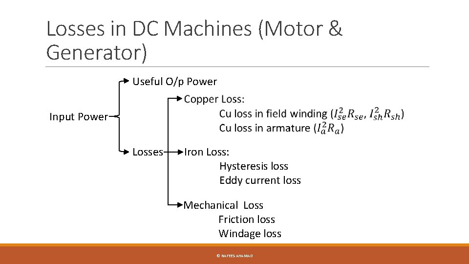 Losses in DC Machines (Motor & Generator) Useful O/p Power Input Power Losses Iron