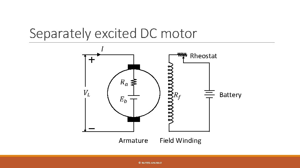 Separately excited DC motor Rheostat Armature Field Winding © NAFEES AHAMAD Battery 