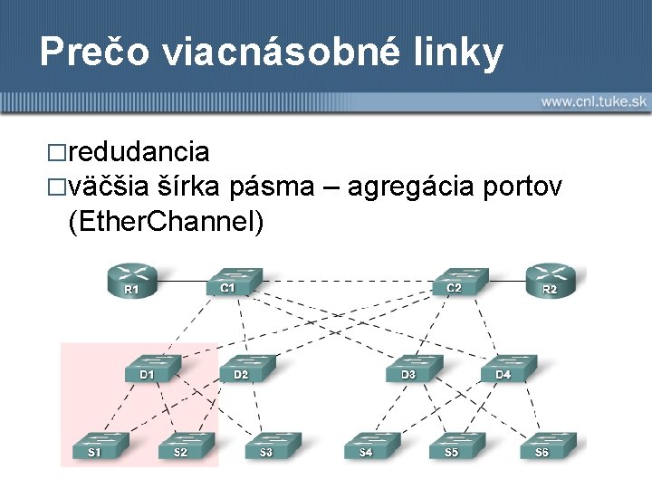 Prečo viacnásobné linky �redudancia �väčšia šírka pásma – agregácia portov (Ether. Channel) 