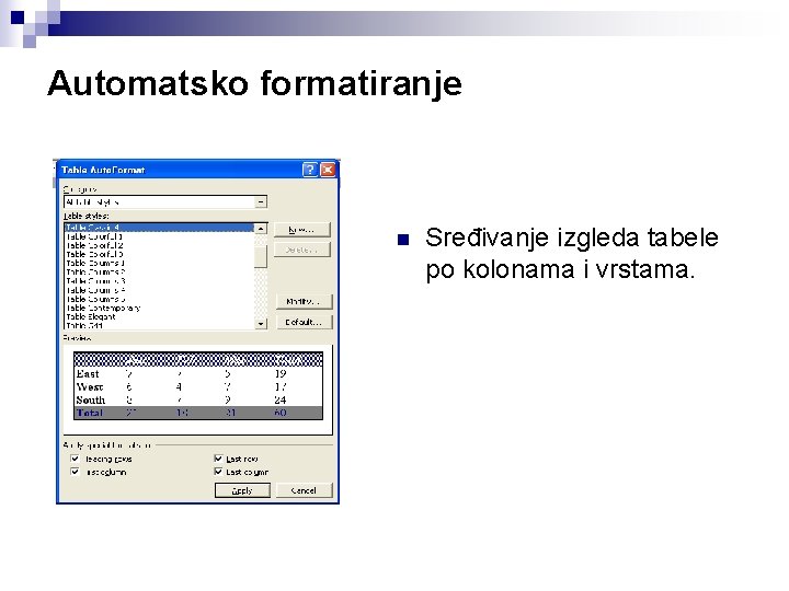 Automatsko formatiranje n Sređivanje izgleda tabele po kolonama i vrstama. 
