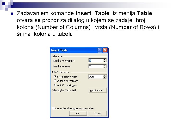 n Zadavanjem komande Insert Table iz menija Table otvara se prozor za dijalog u