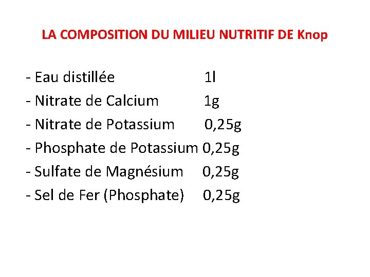LA COMPOSITION DU MILIEU NUTRITIF DE Knop - Eau distillée 1 l - Nitrate
