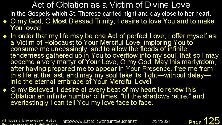 Act of Oblation as a Victim of Divine Love in the Gospels which St.