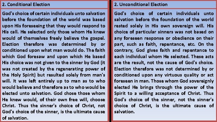 2. Conditional Election 2. Unconditional Election God's choice of certain individuals unto salvation before