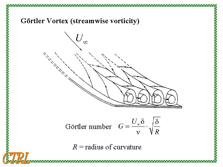 Görtler Vortex (streamwise vorticity) Görtler number R = radius of curvature 