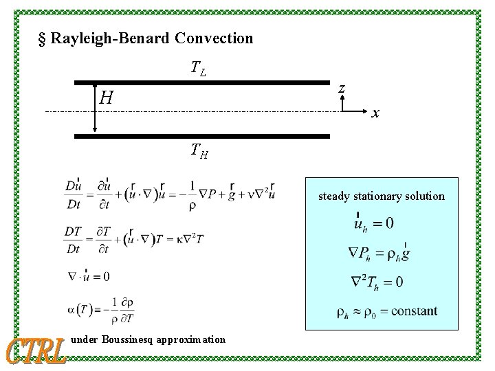 § Rayleigh-Benard Convection TL H z x TH steady stationary solution under Boussinesq approximation