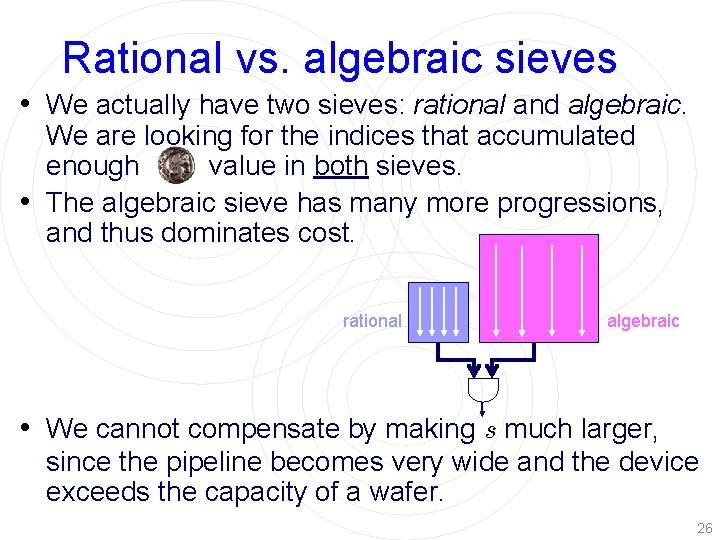 Rational vs. algebraic sieves • We actually have two sieves: rational and algebraic. We