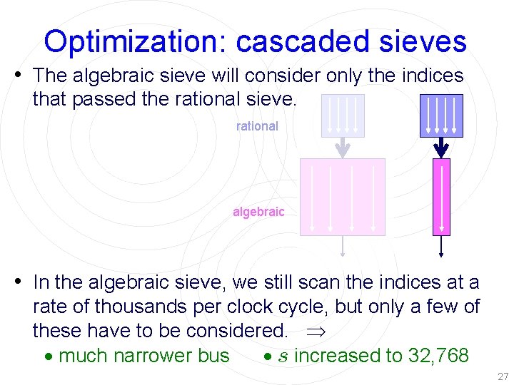 Optimization: cascaded sieves • The algebraic sieve will consider only the indices that passed