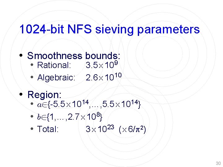 1024 -bit NFS sieving parameters • Smoothness bounds: • Rational: • Algebraic: 3. 5£