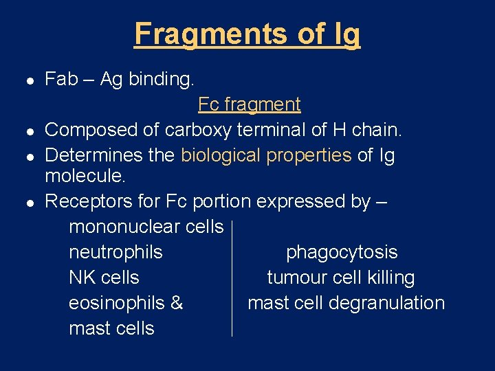 Fragments of Ig l l Fab – Ag binding. Fc fragment Composed of carboxy