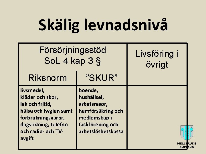 Skälig levnadsnivå Försörjningsstöd So. L 4 kap 3 § Riksnorm ”SKUR” livsmedel, kläder och