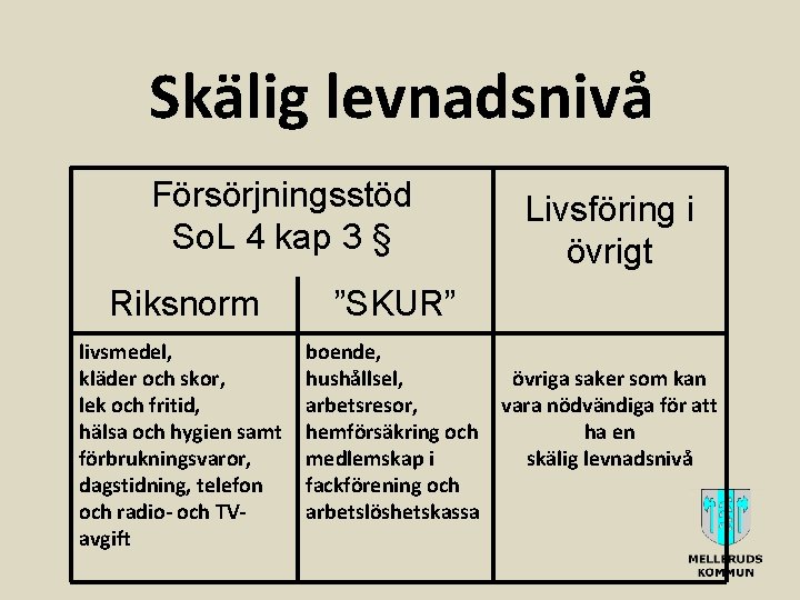 Skälig levnadsnivå Försörjningsstöd So. L 4 kap 3 § Riksnorm livsmedel, kläder och skor,