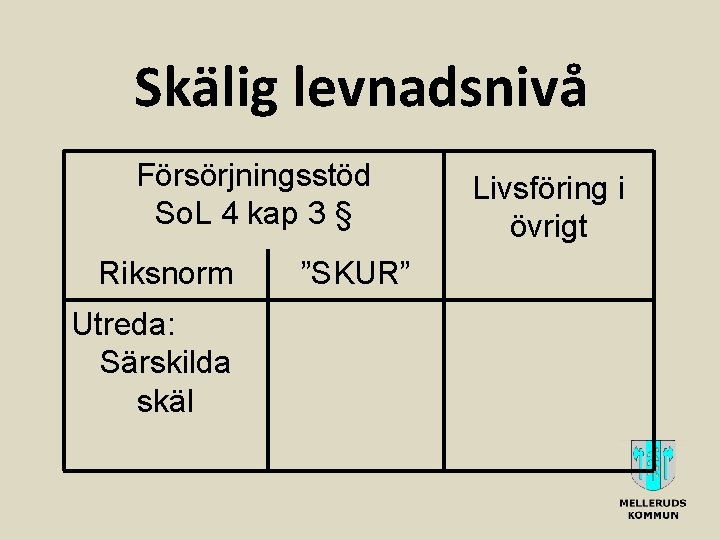 Skälig levnadsnivå Försörjningsstöd So. L 4 kap 3 § Riksnorm Utreda: Särskilda skäl ”SKUR”