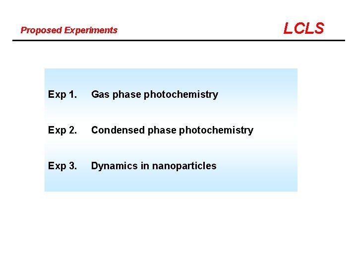 Proposed Experiments Exp 1. Gas phase photochemistry Exp 2. Condensed phase photochemistry Exp 3.