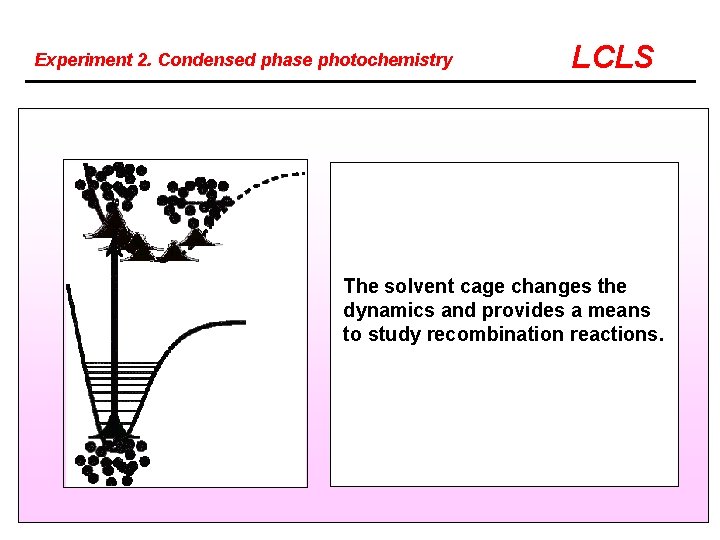 Experiment 2. Condensed phase photochemistry LCLS The solvent cage changes the dynamics and provides