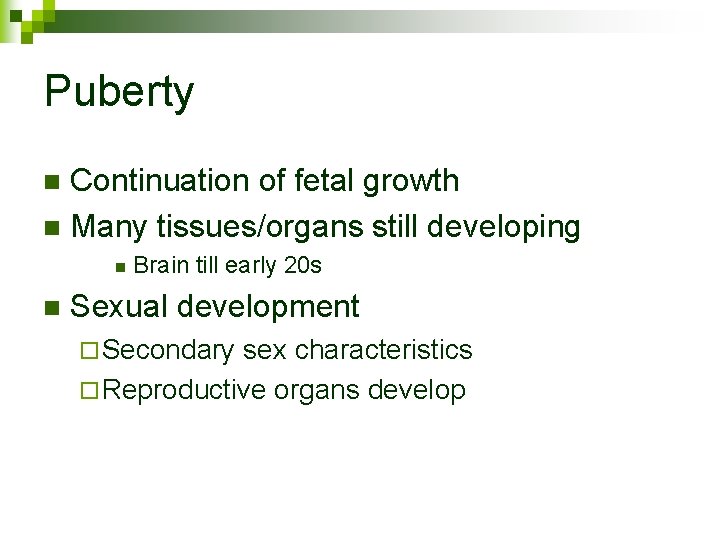 Puberty Continuation of fetal growth n Many tissues/organs still developing n n n Brain