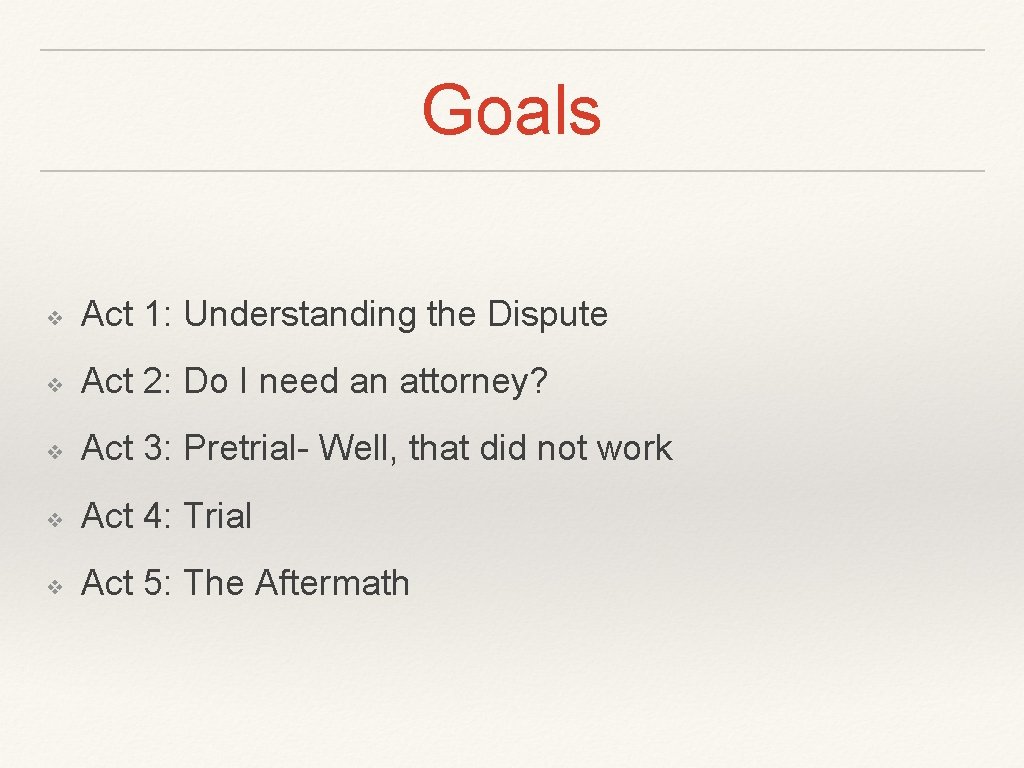 Goals ❖ Act 1: Understanding the Dispute ❖ Act 2: Do I need an