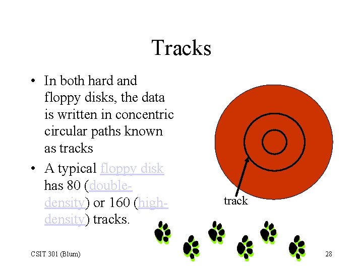 Tracks • In both hard and floppy disks, the data is written in concentric