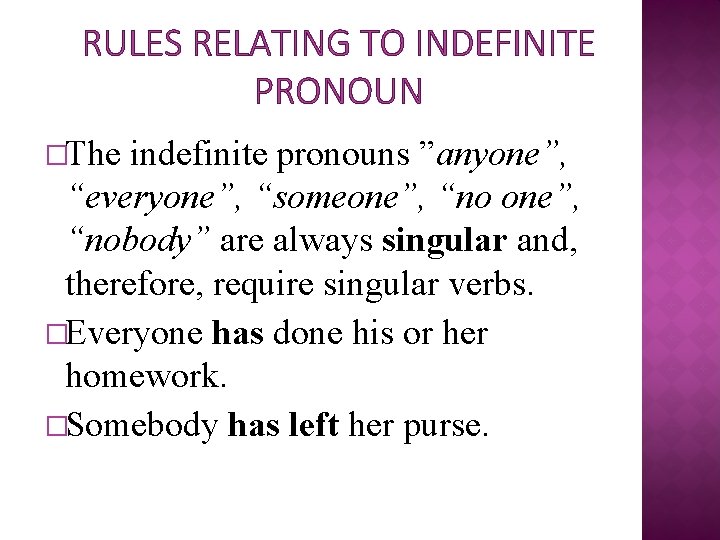 RULES RELATING TO INDEFINITE PRONOUN �The indefinite pronouns ”anyone”, “everyone”, “someone”, “nobody” are always