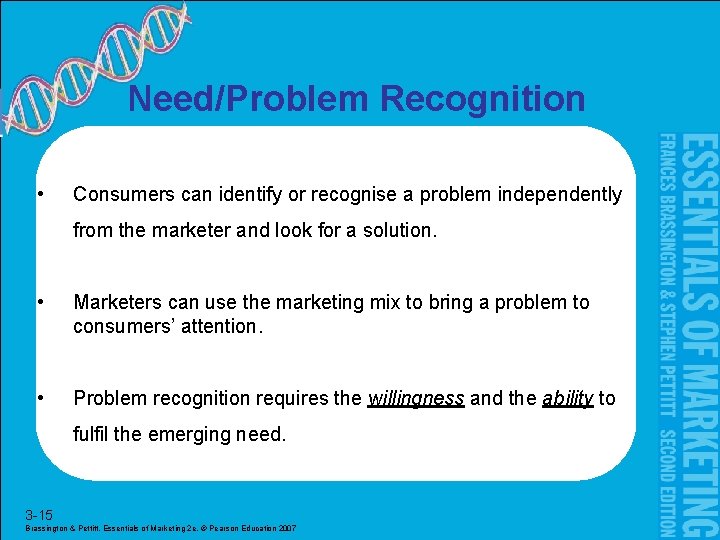 Need/Problem Recognition • Consumers can identify or recognise a problem independently from the marketer