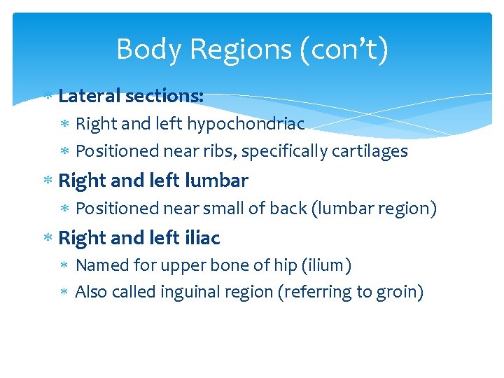 Body Regions (con’t) Lateral sections: Right and left hypochondriac Positioned near ribs, specifically cartilages