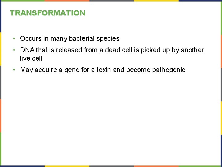 TRANSFORMATION • Occurs in many bacterial species • DNA that is released from a TRANSFORMATION • Occurs in many bacterial species • DNA that is released from a