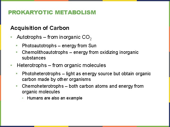 PROKARYOTIC METABOLISM Acquisition of Carbon • Autotrophs – from inorganic CO 2 • Photoautotrophs PROKARYOTIC METABOLISM Acquisition of Carbon • Autotrophs – from inorganic CO 2 • Photoautotrophs