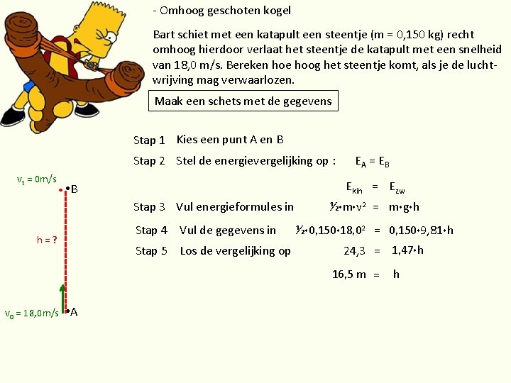 - Omhoog geschoten kogel Bart schiet met een katapult een steentje (m = 0,