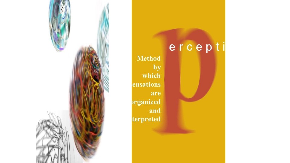 erception Method by which sensations are organized and interpreted 