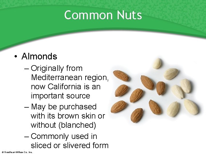 Common Nuts • Almonds – Originally from Mediterranean region, now California is an important
