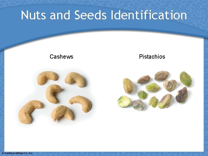 Nuts and Seeds Identification Cashews © Goodheart-Willcox Co. , Inc. Pistachios 