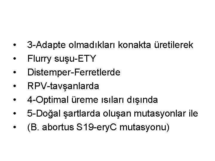  • • 3 -Adapte olmadıkları konakta üretilerek Flurry suşu-ETY Distemper-Ferretlerde RPV-tavşanlarda 4 -Optimal