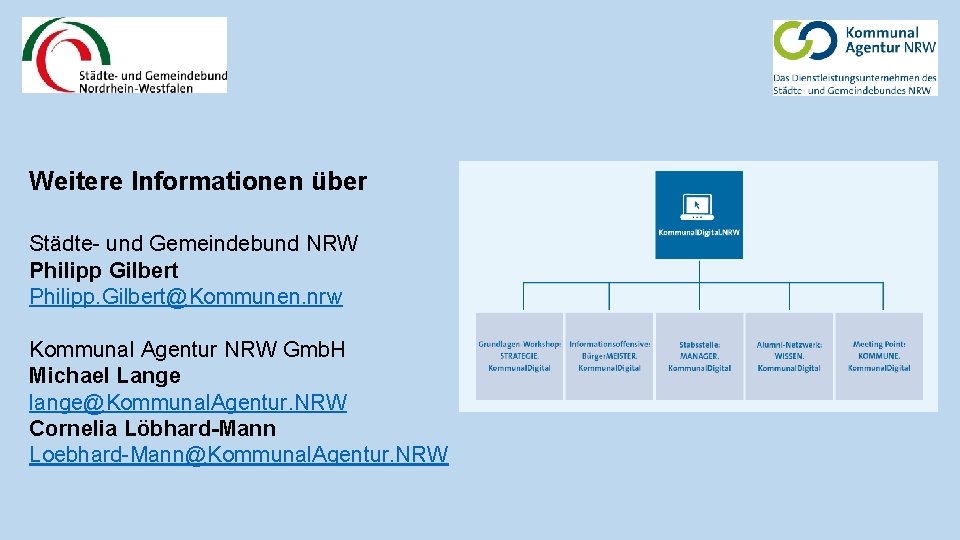 Weitere Informationen über Städte- und Gemeindebund NRW Philipp Gilbert Philipp. Gilbert@Kommunen. nrw Kommunal Agentur