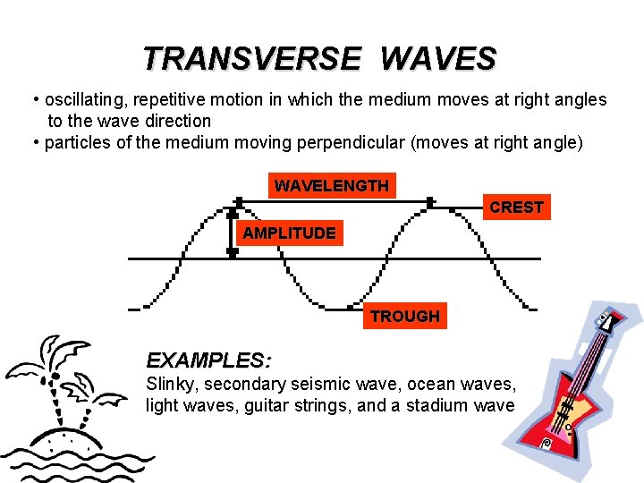 TRANSVERSE WAVES • oscillating, repetitive motion in which the medium moves at right angles