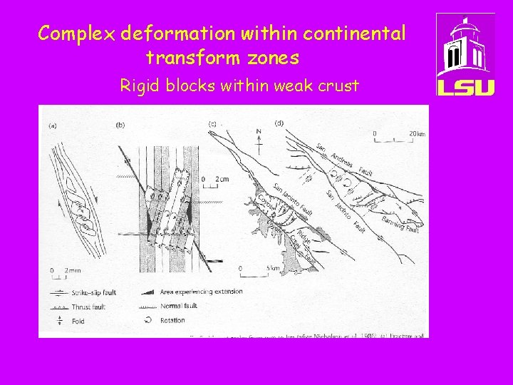 Complex deformation within continental transform zones Rigid blocks within weak crust 